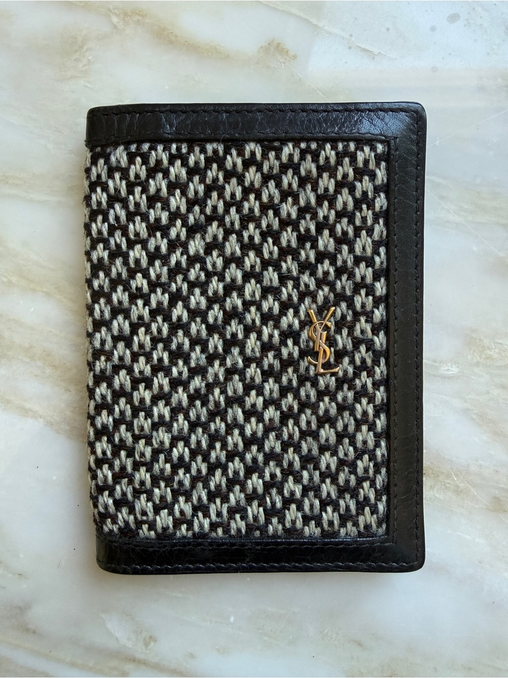 Saint Laurent Black and Cream Woven Card Sleeve with Gold YSL Logo